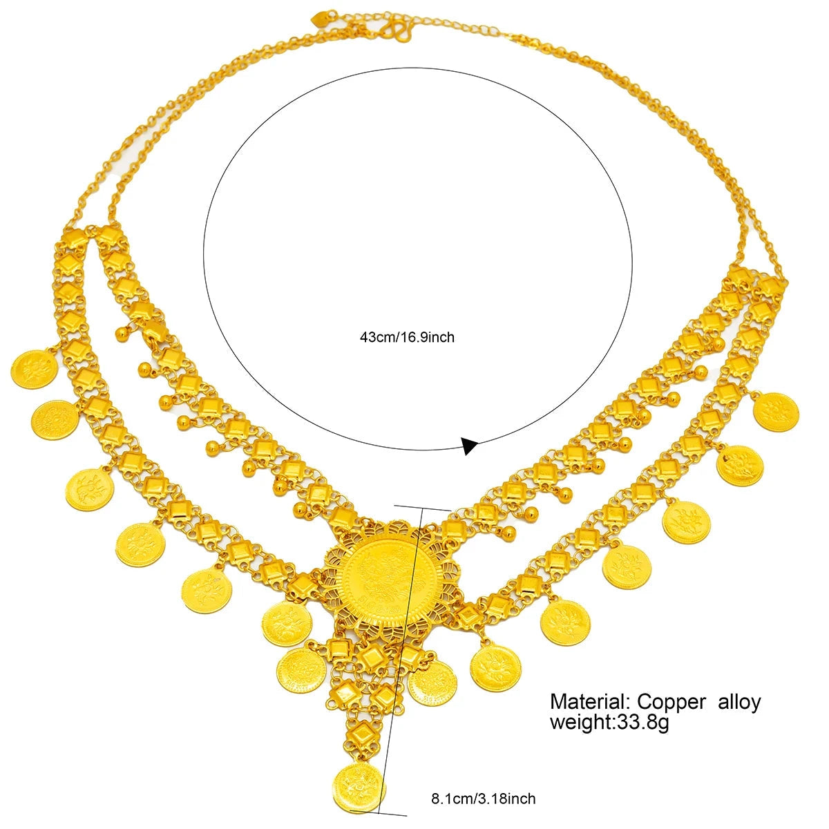 gold plated layered coin medallion necklace with cascading coin design with measurements