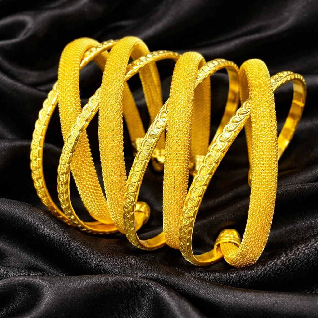 Mixed-Pattern Textured Gold-Plated Cuff Bangles Set Of Multi-Design Wrist Jewelry by Charm Jewelry