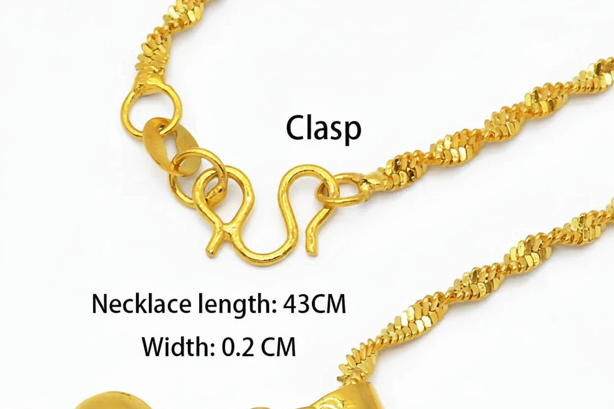 Gold necklace with clasp and measurements on a white background