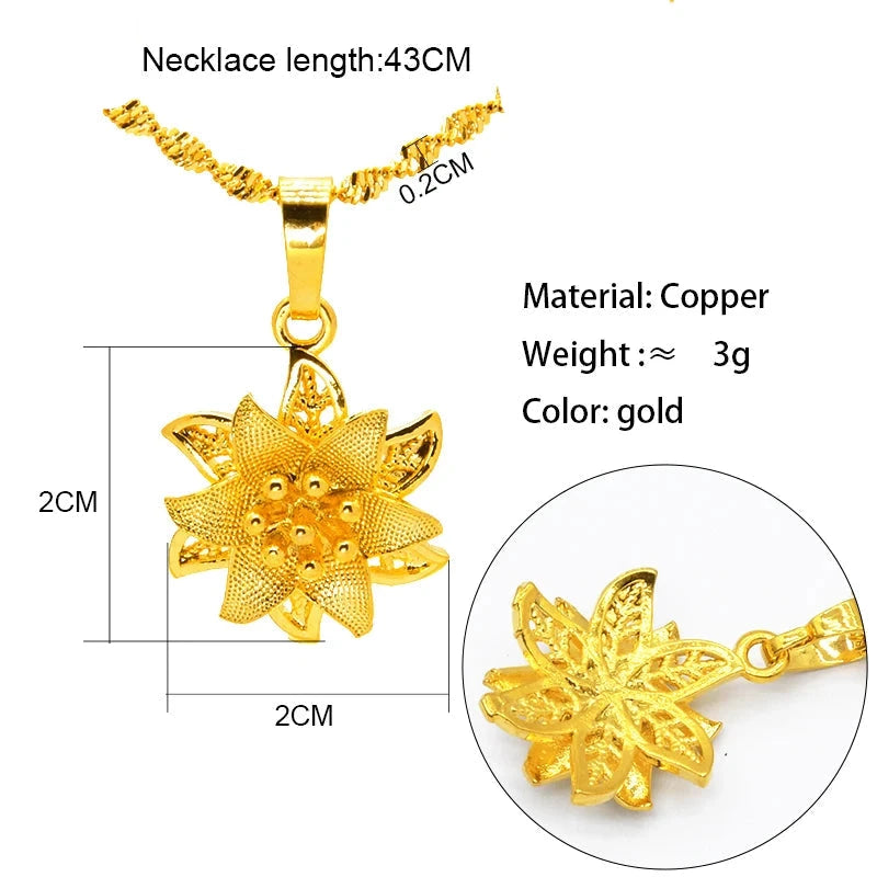 Gold necklace with a floral pendant, showing dimensions and material details-style 3