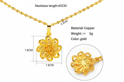 Gold necklace with a flower pendant, showing measurements and material details.