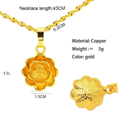 Gold necklace with a folded flower pendant, showing dimensions and material details.