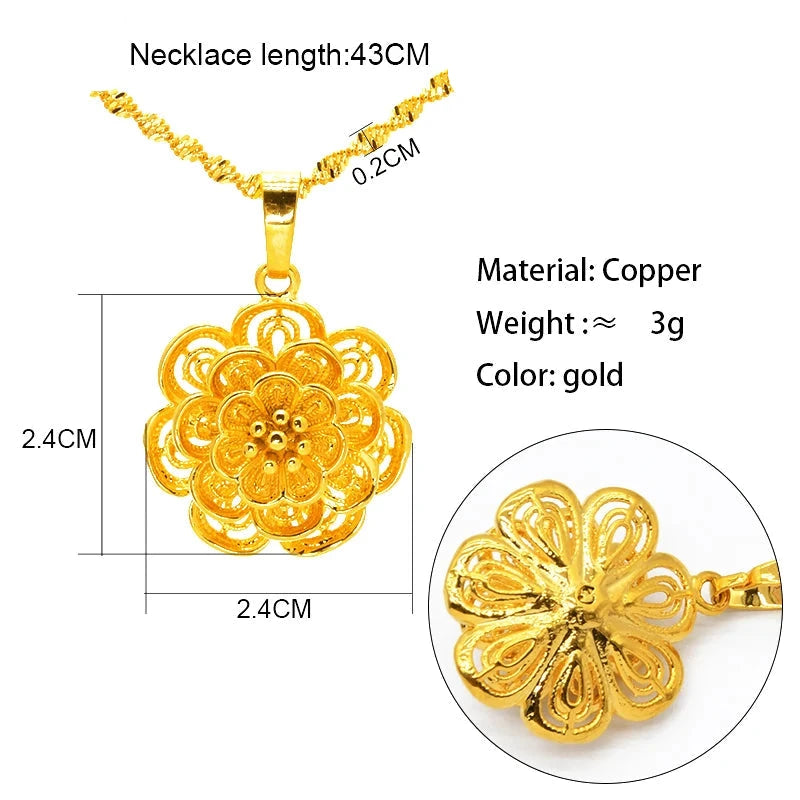 Gold necklace with a rounded floral pendant, showing measurements and material details.