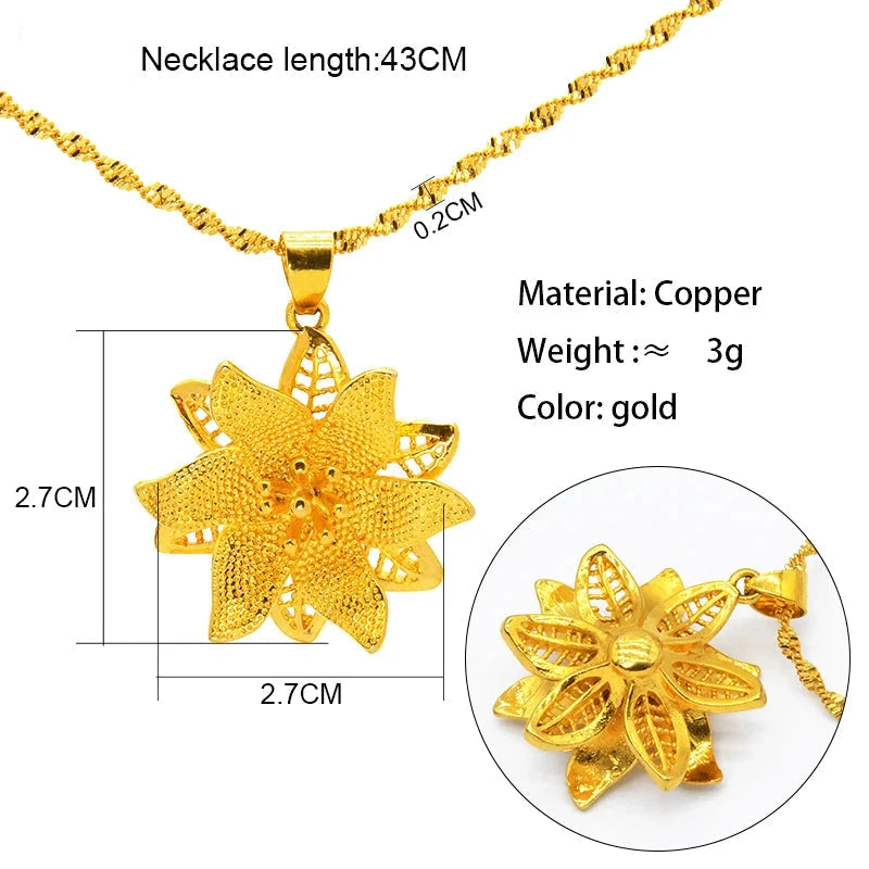 Gold necklace with a floral pendant, showing measurements and material details-style 2