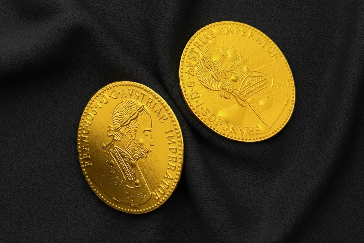 Two gold coins with embossed designs-frame-less