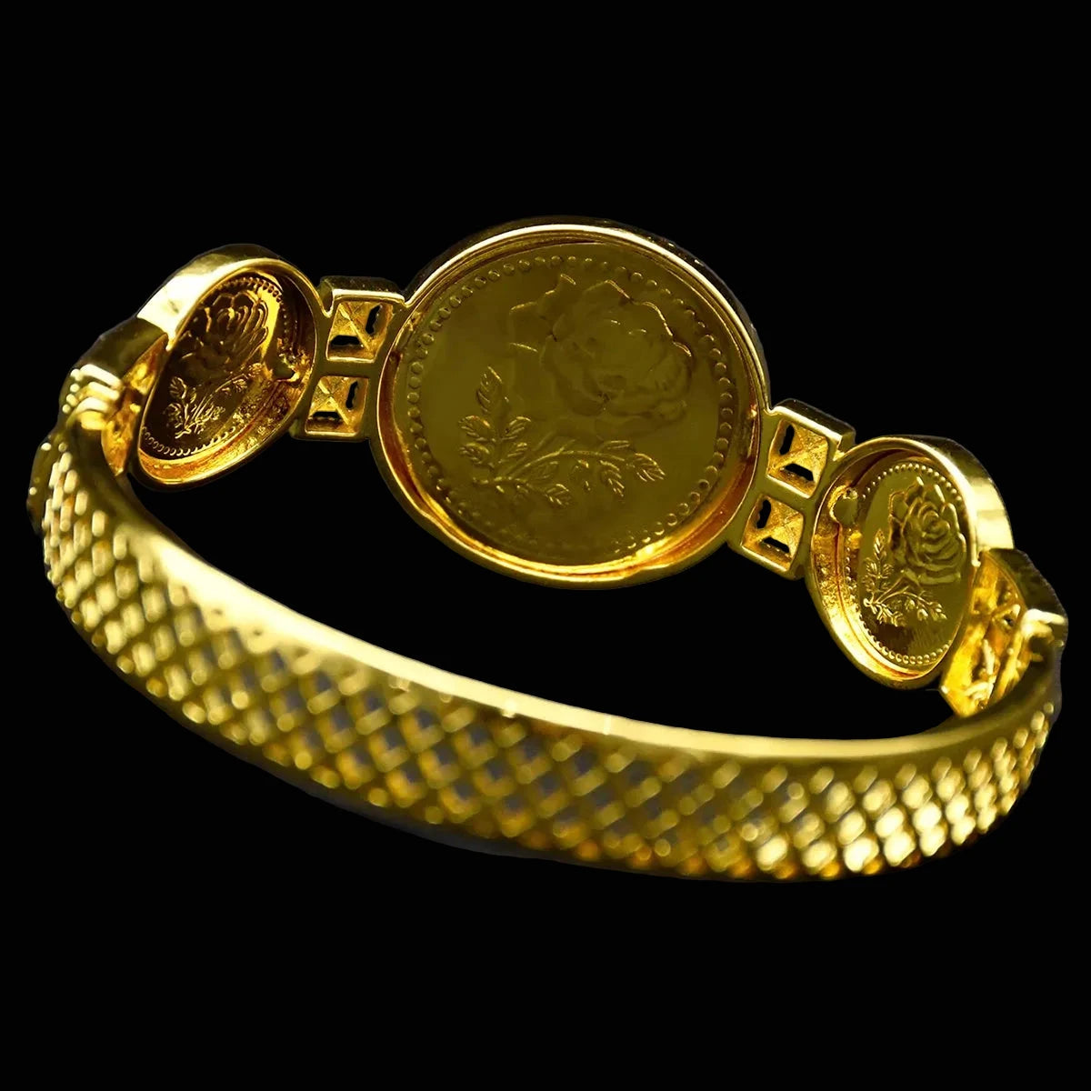 Elaborate Sunburst Coin Medallion With Floral Frame Openwork Band Gold-Plated Bangle by Charm Jewelry