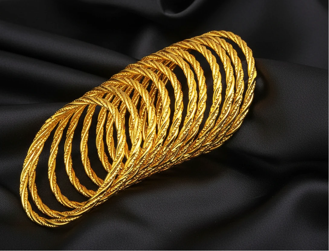 Intricate Woven Twisted Rope Pattern Gold-Plated Bangles by Charm Jewelry
