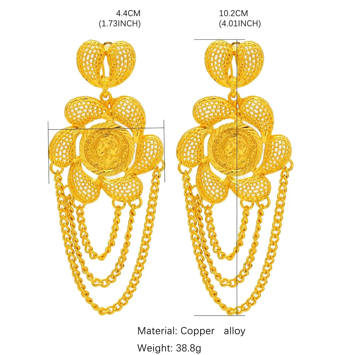 Gold earrings with measurements and material details on a white background