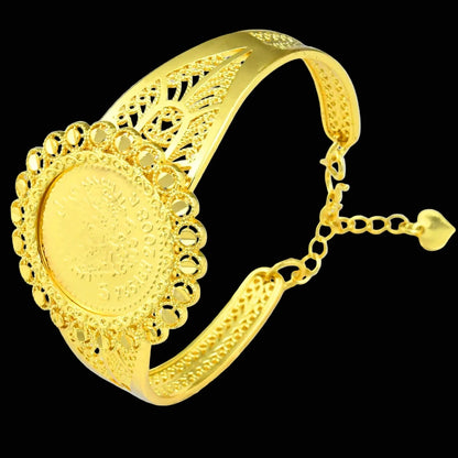 Elaborate Sunburst Coin Medallion With Floral Frame Openwork Band Gold-Plated Bangle by Charm Jewelry
