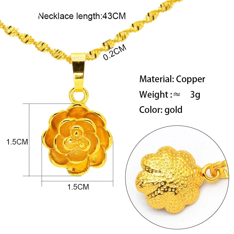 Gold necklace with a rounded flower pendant, showing dimensions and material details.
