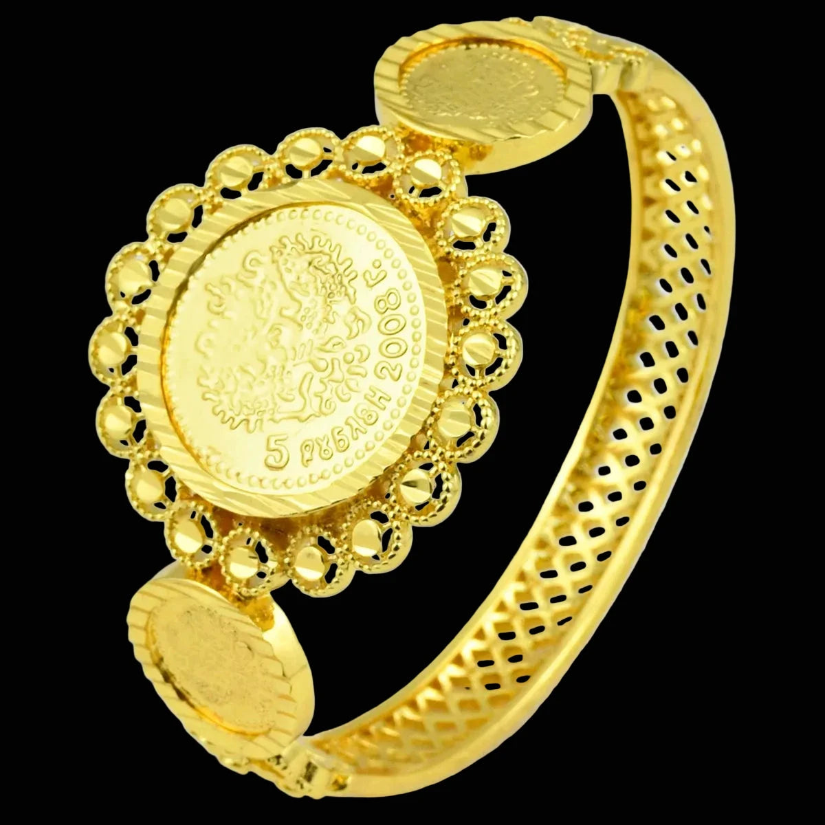 Elaborate Sunburst Coin Medallion With Floral Frame Openwork Band Gold-Plated Bangle by Charm Jewelry