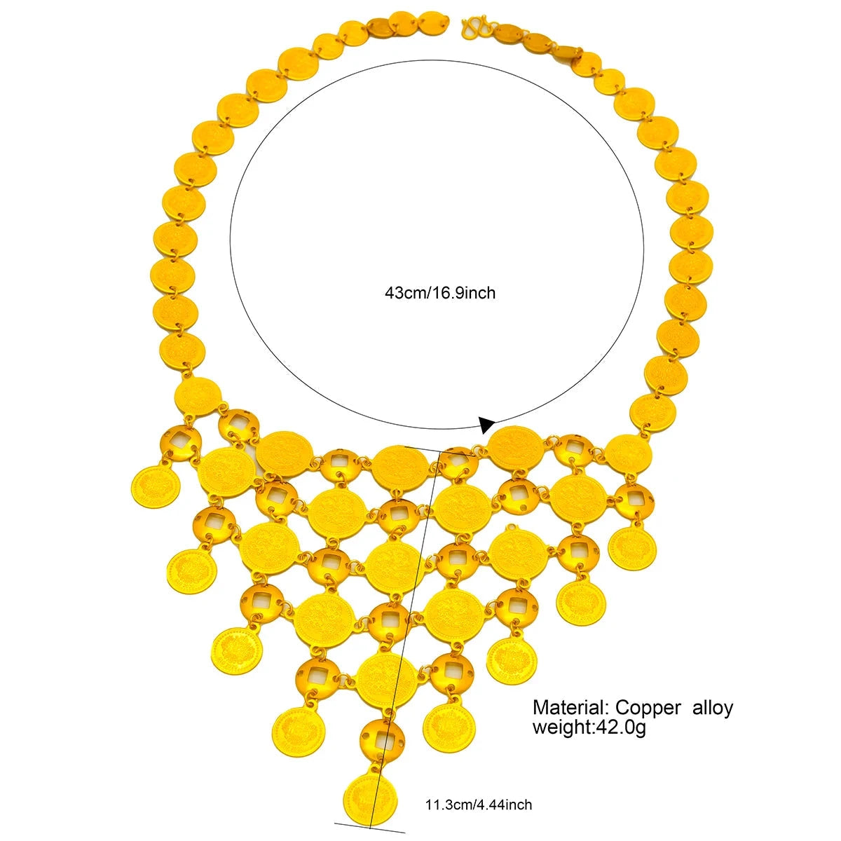 Yellow necklace with measurements and material details on a white background