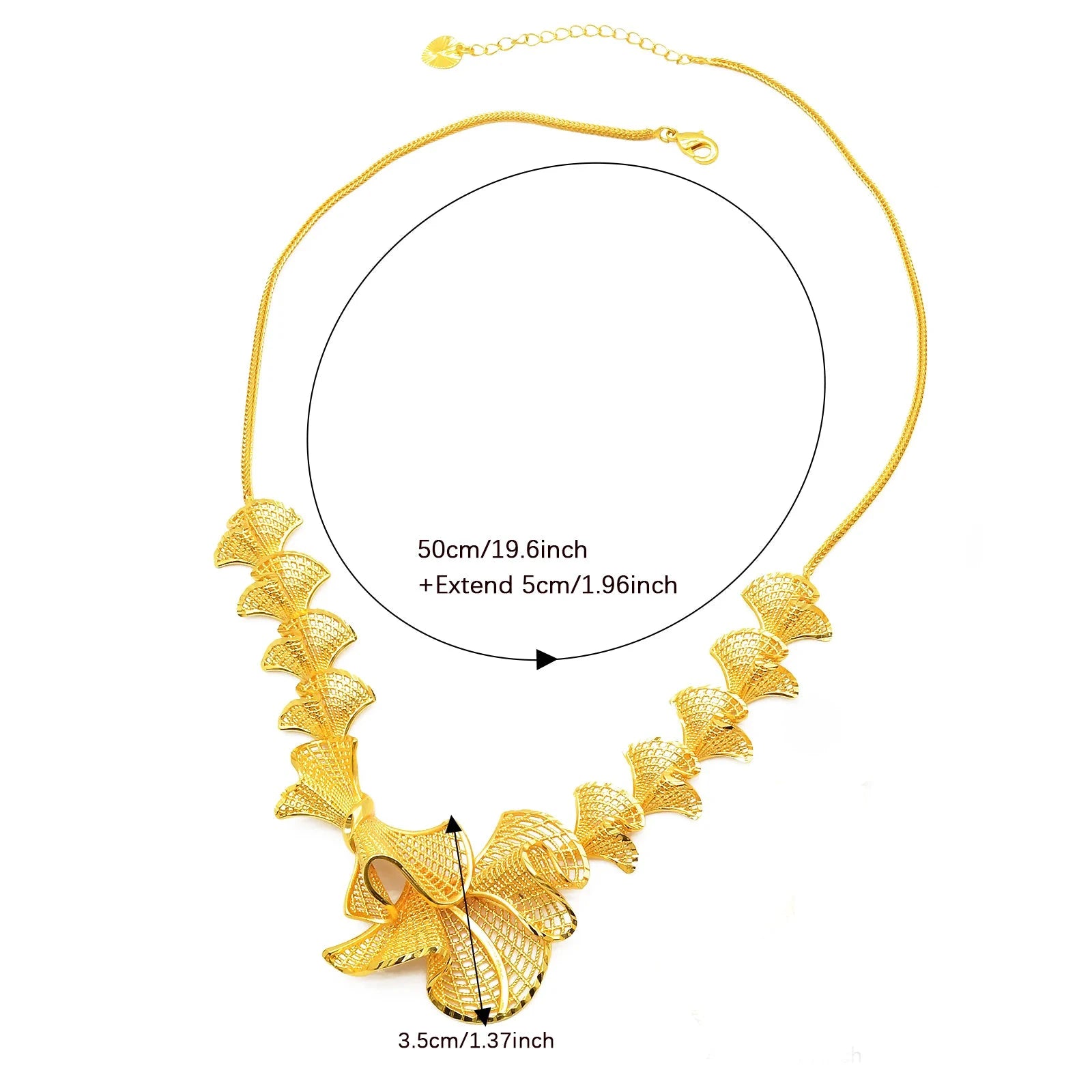 gold plated bow statement necklace with sculpted ribbon design
and measurement details on a white background