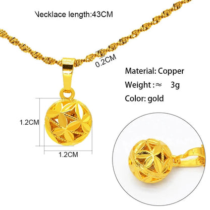 Gold spherical  necklace with pendant showing measurements and material details on a white background