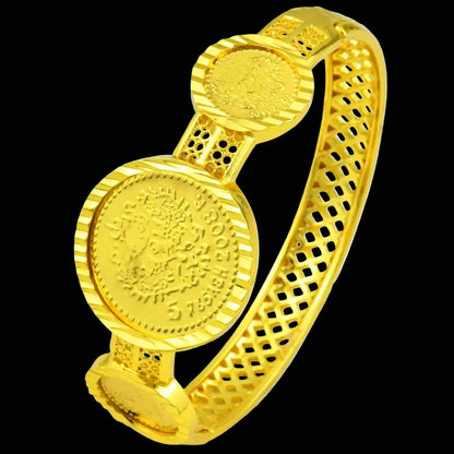 Elaborate Sunburst Coin Medallion With Floral Frame Openwork Band Gold-Plated Bangle by Charm Jewelry