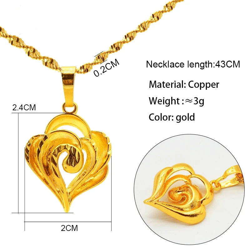 Gold heart-shaped necklace with measurements and material details on a white background