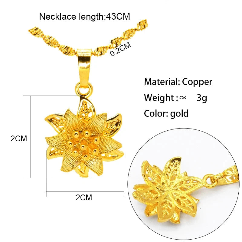 gold plated floral pendant necklace with leaf clover design, showing dimensions and material details.