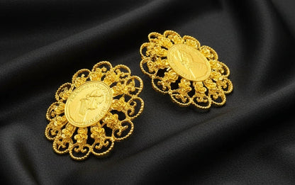 gold plated coin filigree earrings with ornate decorative frame
