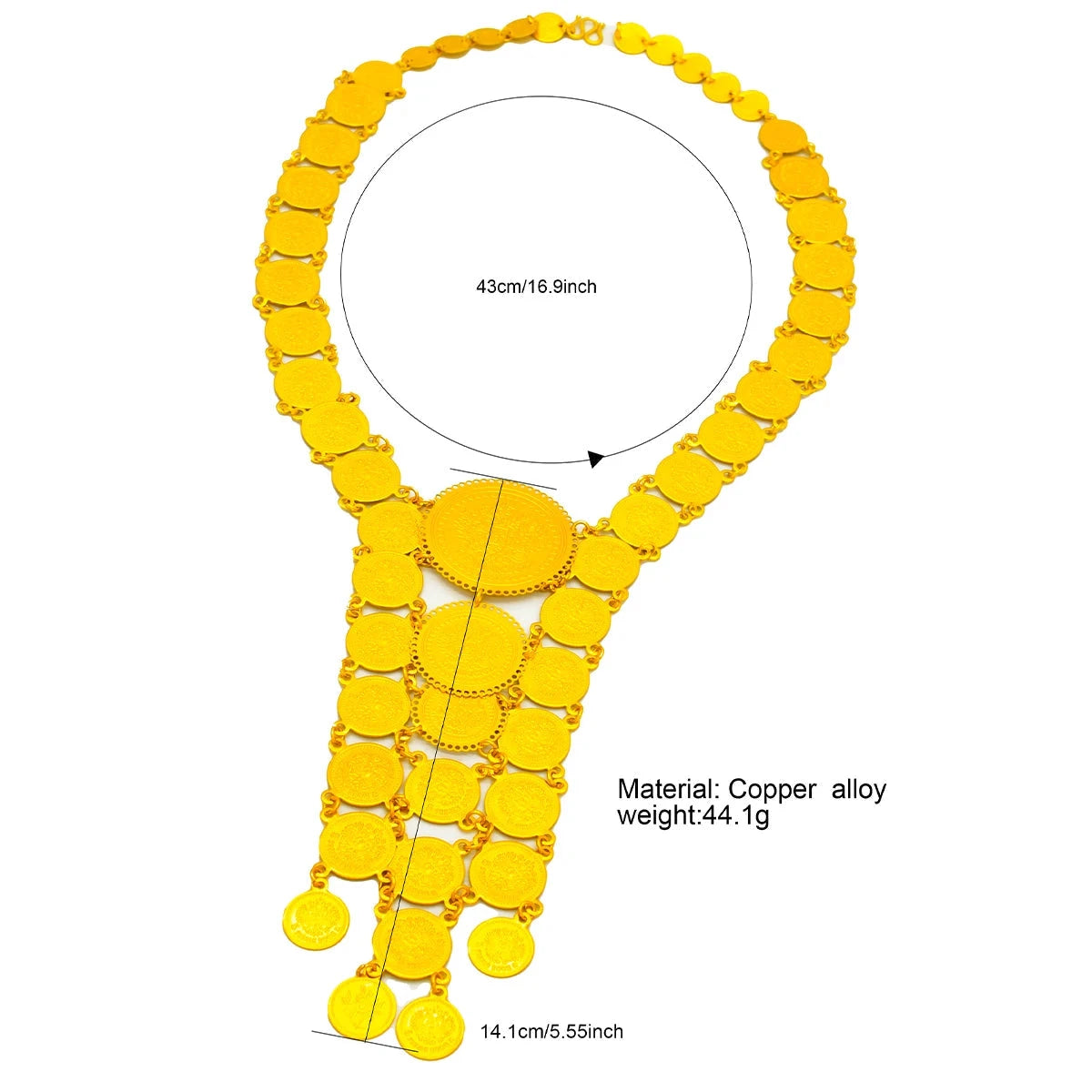 gold plated coin y necklace with layered drop cascade design
measurements and material details on a white background