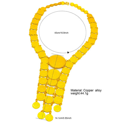 gold plated coin y necklace with layered drop cascade design
measurements and material details on a white background