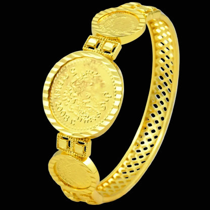 Elaborate Sunburst Coin Medallion With Floral Frame Openwork Band Gold-Plated Bangle by Charm Jewelry