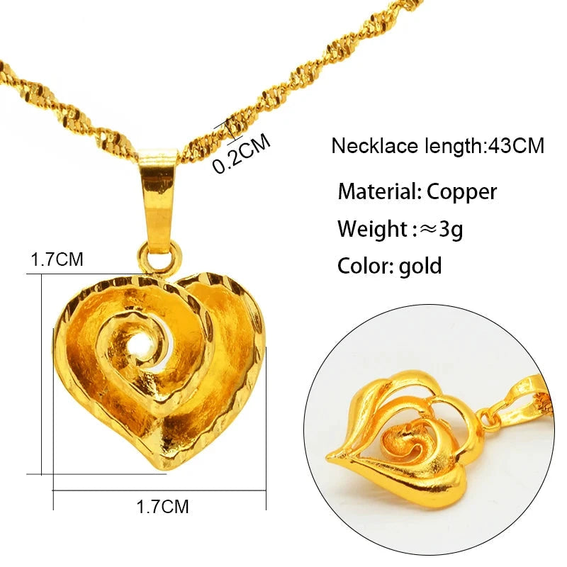 Gold shell-like heart-shaped necklace with measurements and details on a white background