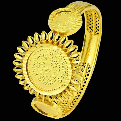 Elaborate Sunburst Coin Medallion With Floral Frame Openwork Band Gold-Plated Bangle by Charm Jewelry