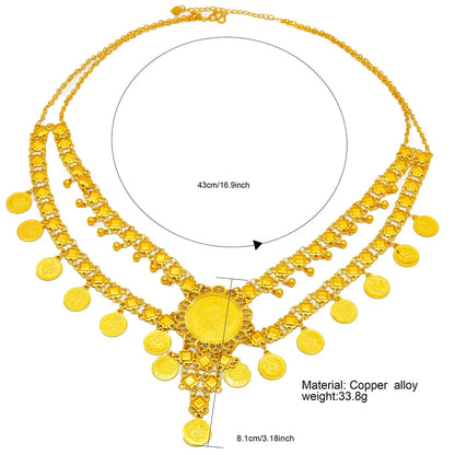 gold plated layered coin medallion necklace with cascading coin design with measurements