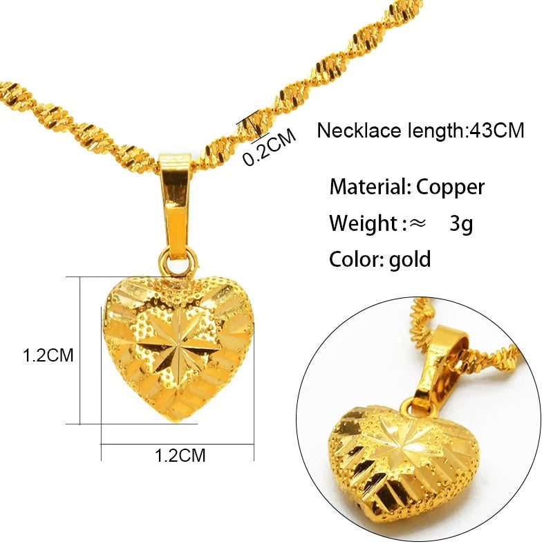 Gold necklace with classic heart pendant and detailed specifications on a white background