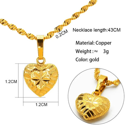 Gold necklace with classic heart pendant and detailed specifications on a white background