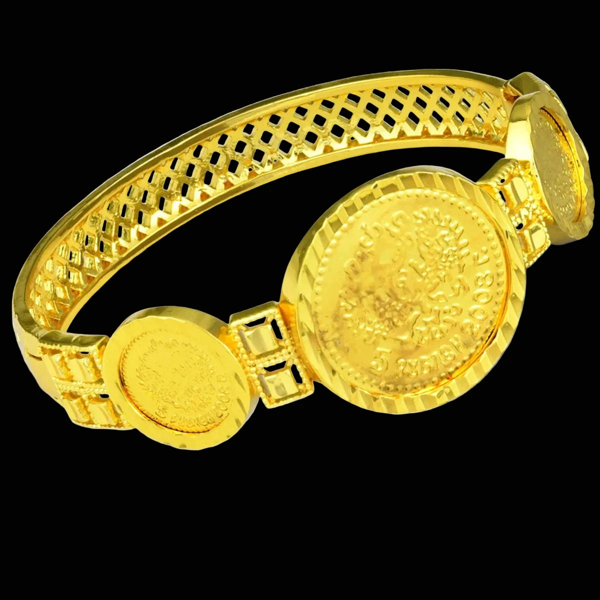Elaborate Sunburst Coin Medallion With Floral Frame Openwork Band Gold-Plated Bangle by Charm Jewelry