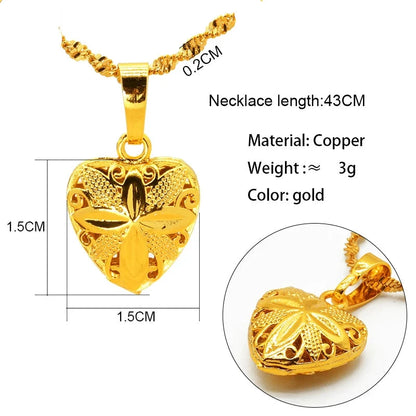 Gold simple heart-shaped pendant necklace with measurements and material details on a white background