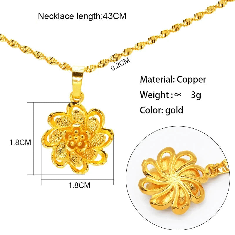 Gold necklace with a classic flower pendant, showing measurements and material details.
