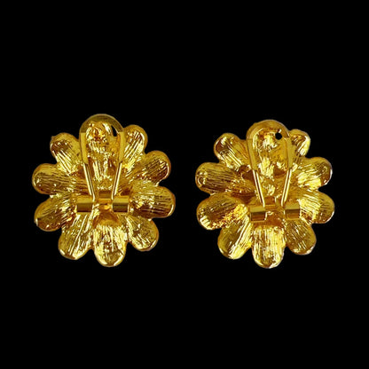 back of Pair of gold flower-shaped earrings on a black background