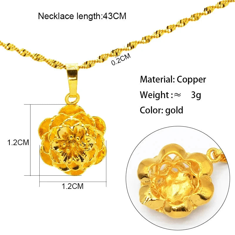 Gold necklace with multi layers floral pendant, showing dimensions and material details.