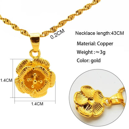 Gold necklace with two layers floral pendant, showing dimensions and material details.