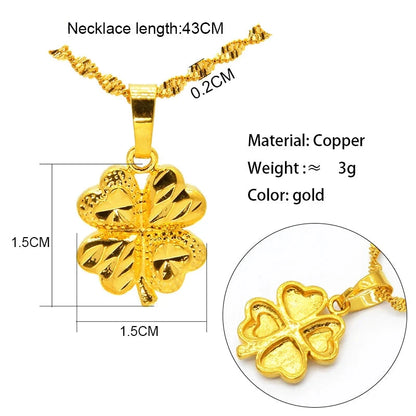 Gold four-leaf clover necklace with measurements and material details on a white background