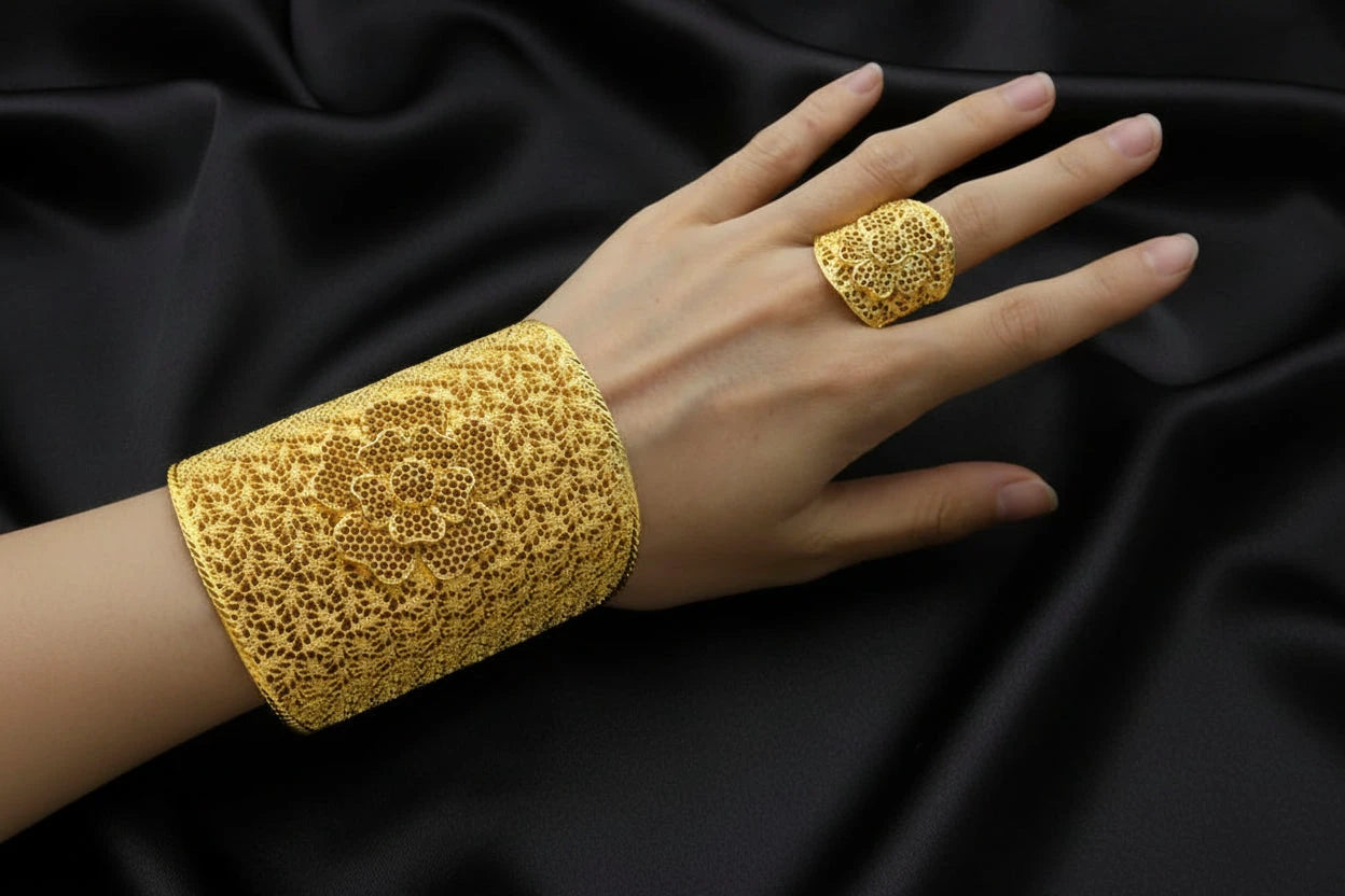 floral gold plated jewelry with elegant luxury design
