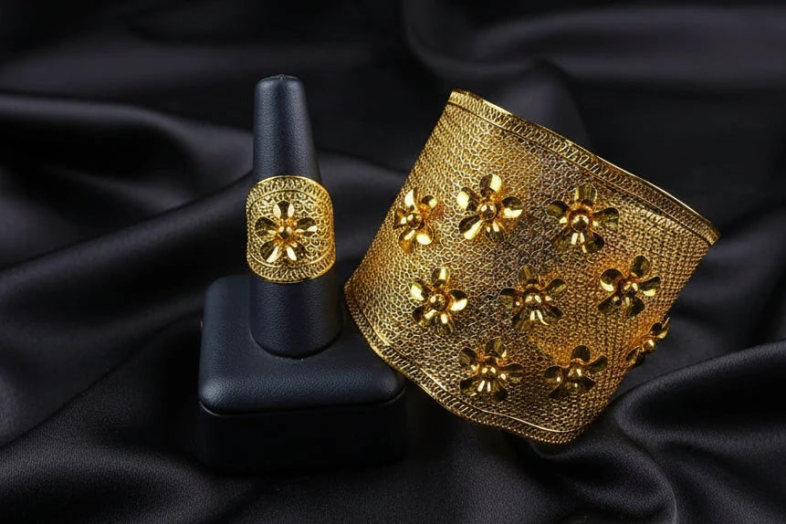 floral gold plated jewelry with elegant luxury design