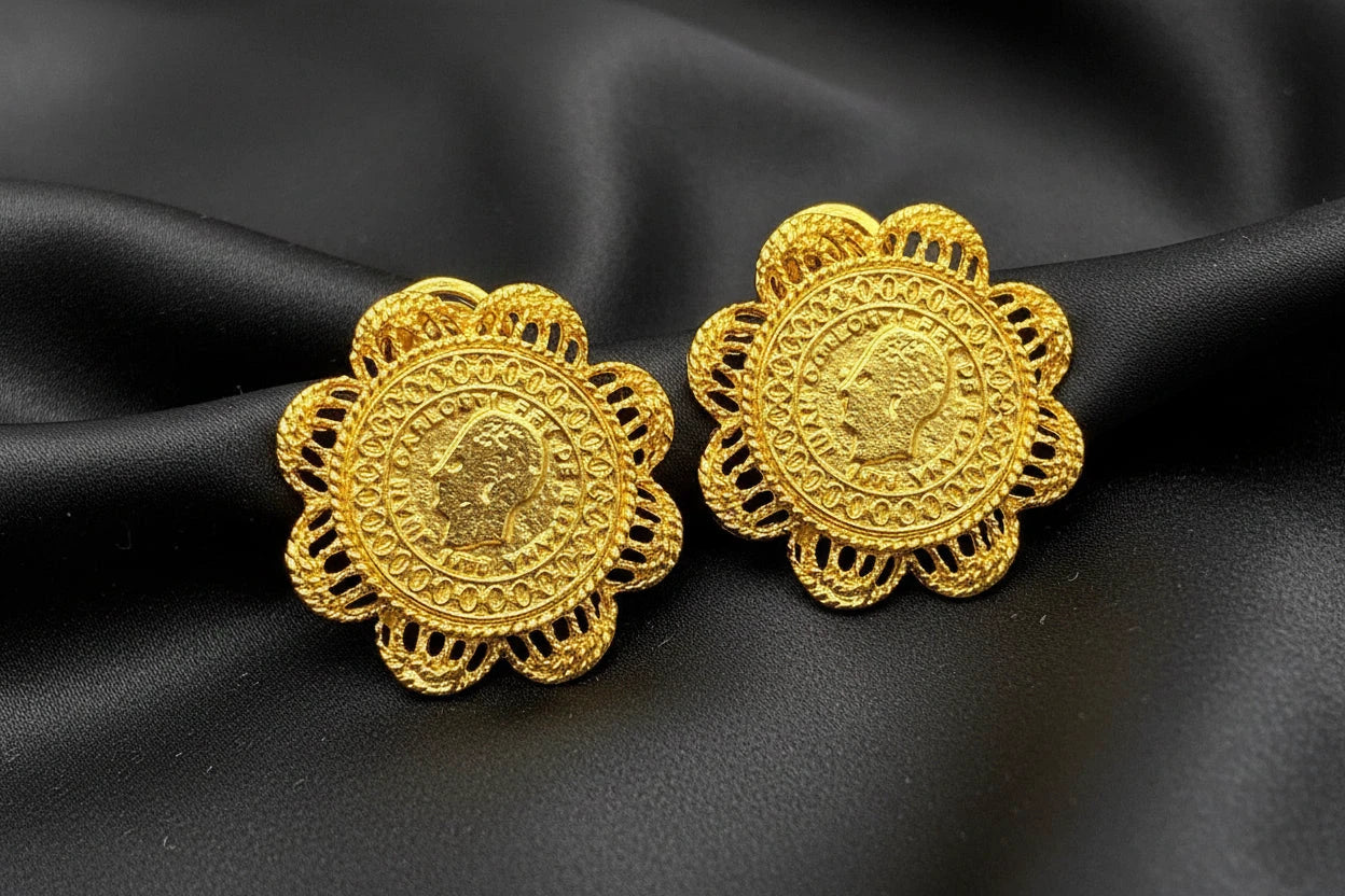 gold plated coin filigree earrings with floral lace frame