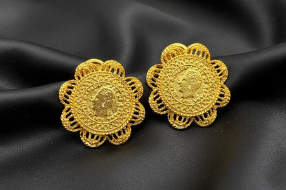 gold plated coin filigree earrings with floral lace frame