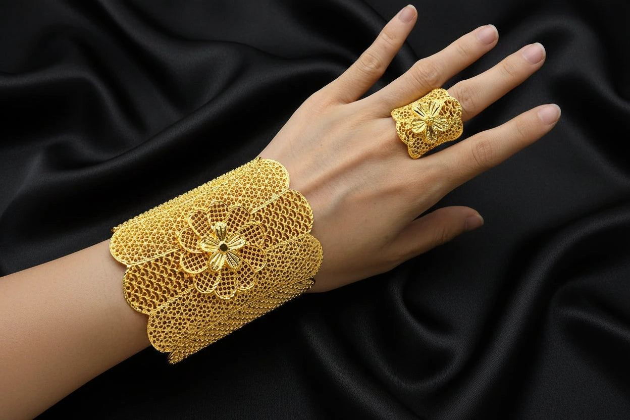 floral gold plated jewelry with elegant luxury design