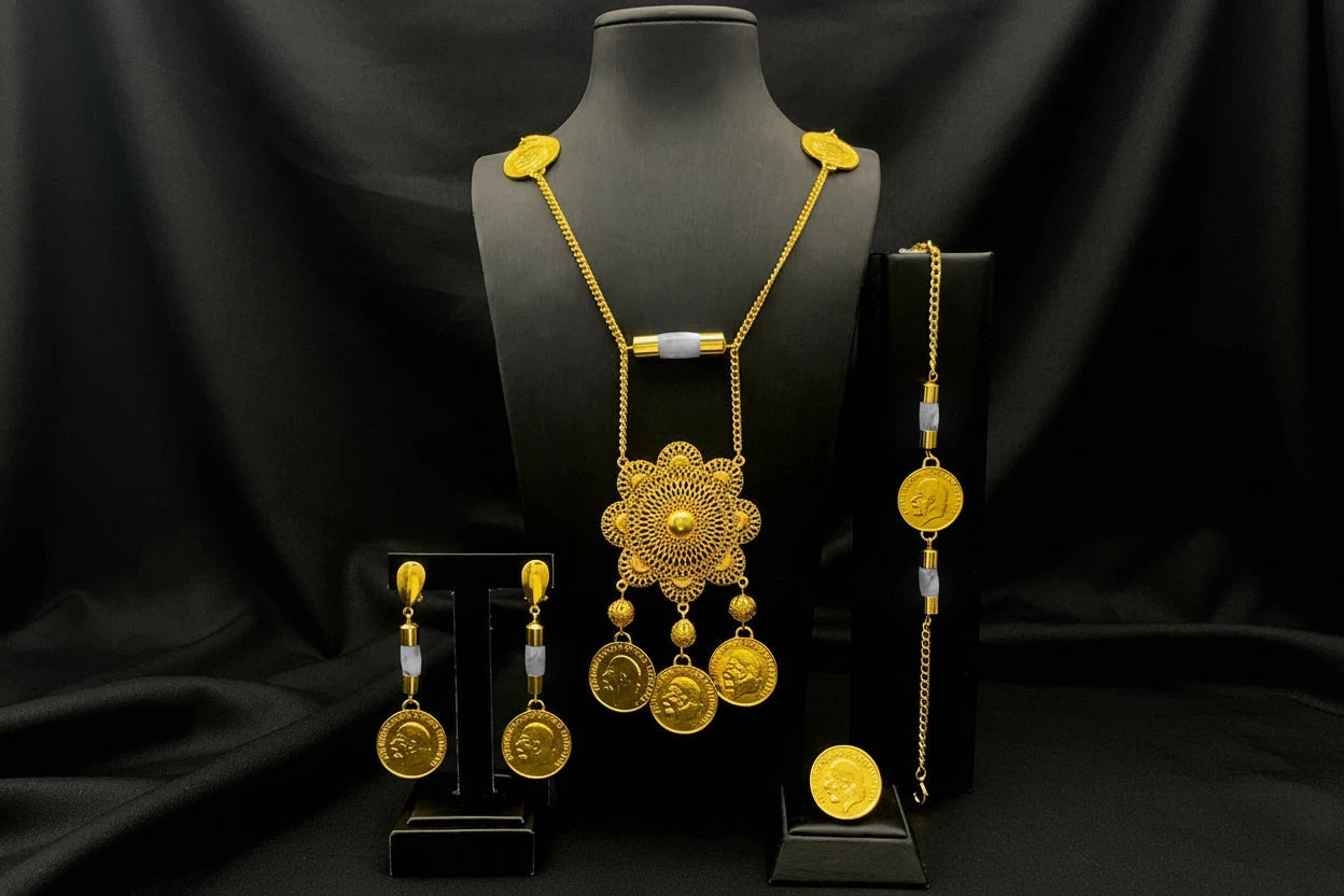 Ornate Filigree Flower Medallion gold-plated jewelry set with coin charms: necklace, bracelet, and earrings.