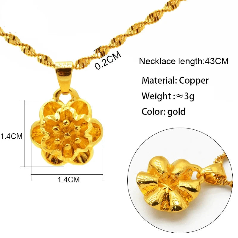 Gold necklace with a flower with rounded ends pendant, showing measurements and material details on a white background.