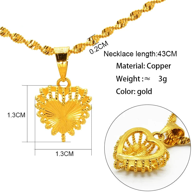 Gold necklace with heart with beaded chain pendant and detailed measurements on a white background