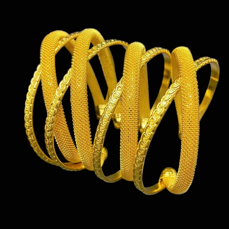 Mixed-Pattern Textured Gold-Plated Cuff Bangles Set Of Multi-Design Wrist Jewelry by Charm Jewelry