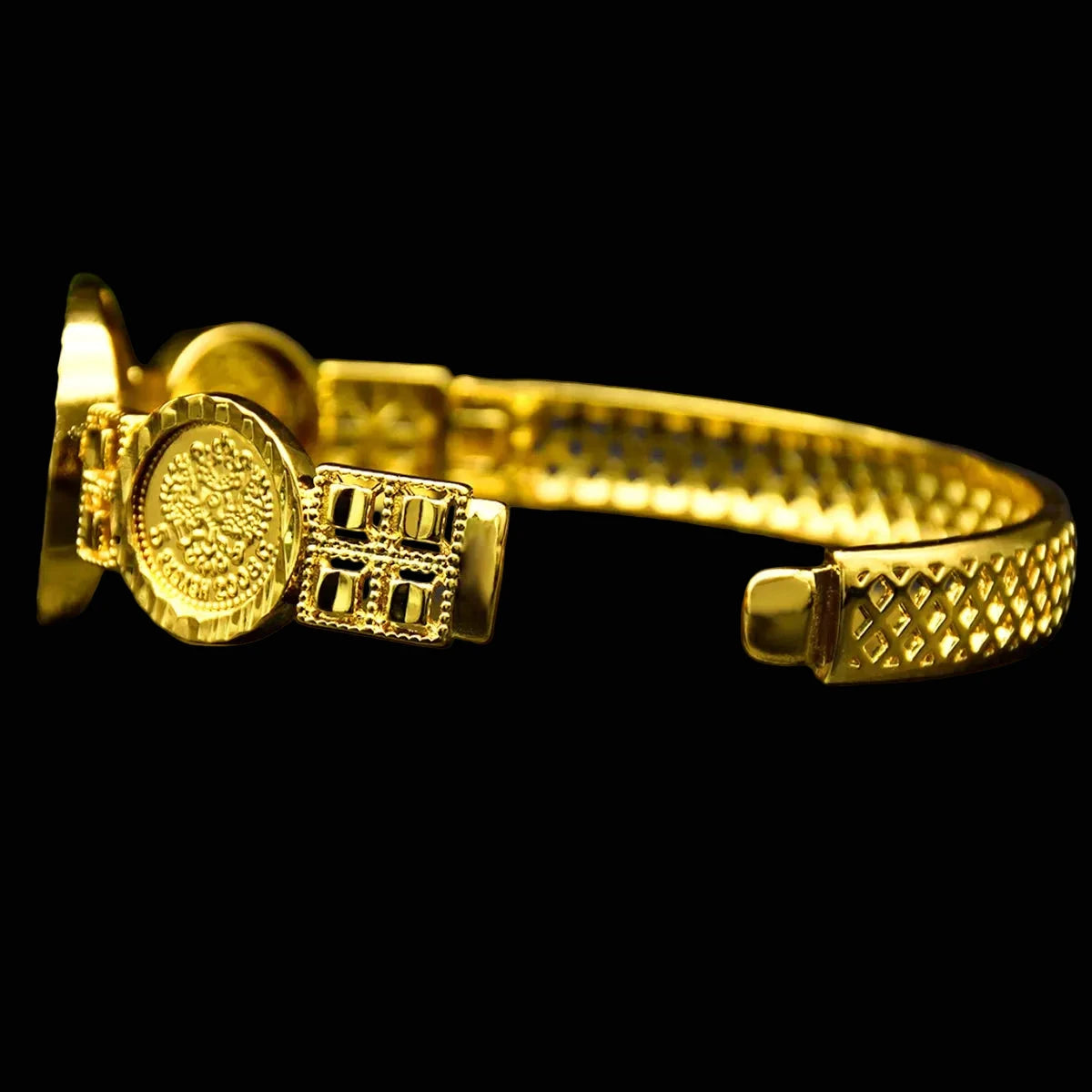 Elaborate Sunburst Coin Medallion With Floral Frame Openwork Band Gold-Plated Bangle by Charm Jewelry