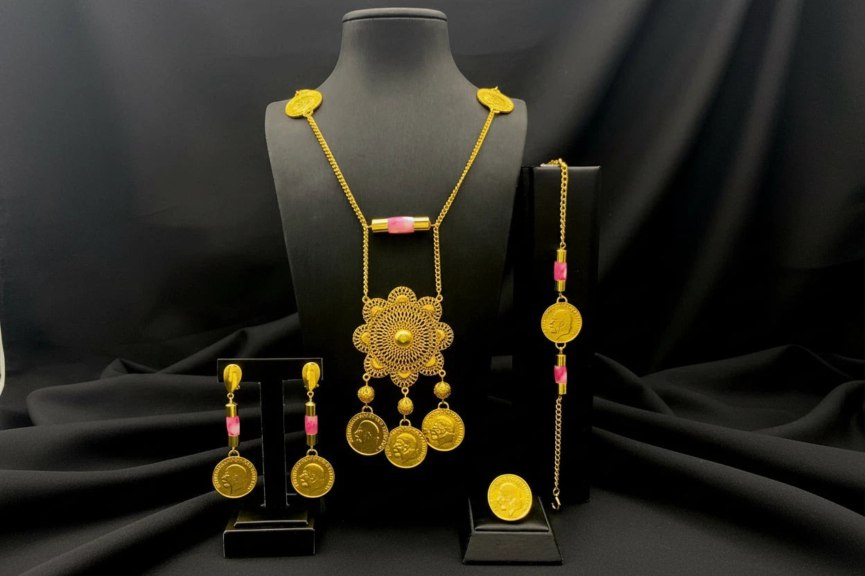 Gold-plated jewelry set with ornate filigree flower medallion and coin charms, pink beads, on black display.