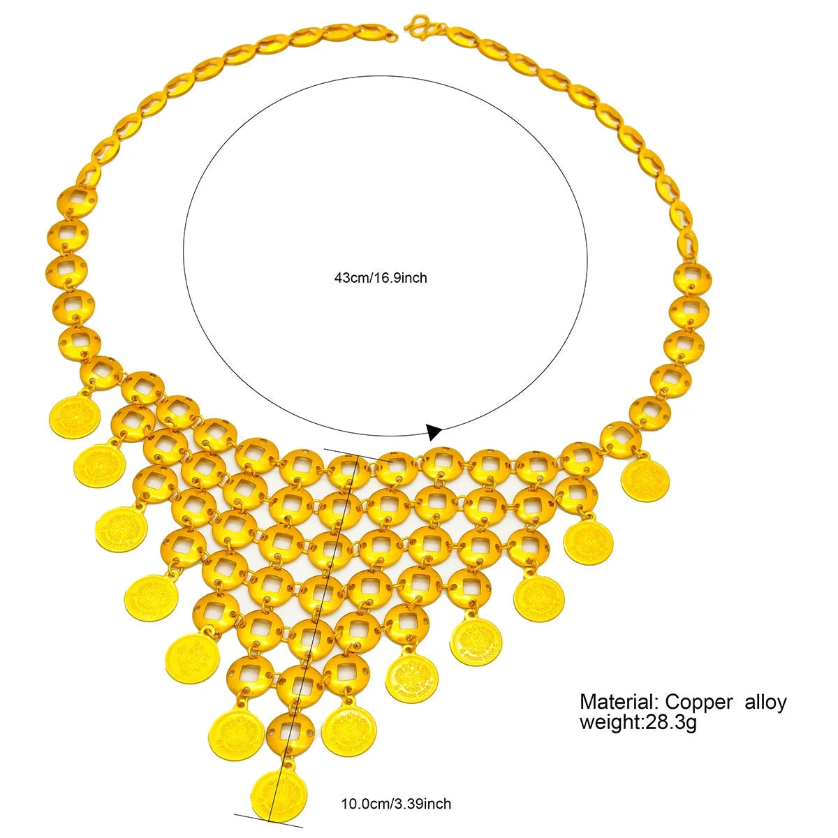 Yellow beaded necklace with measurements and material details on a white background